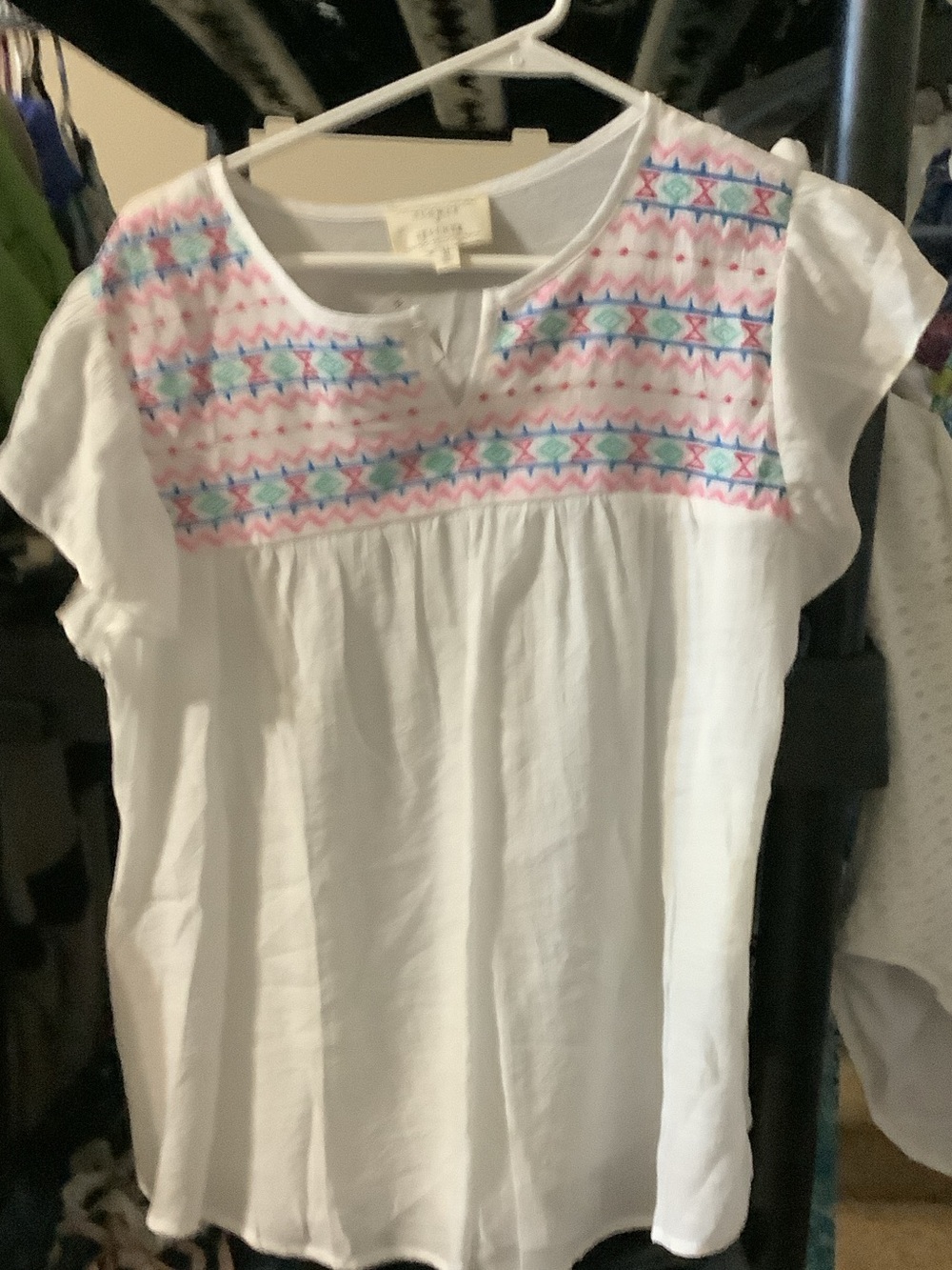 Flower & Feather White Cotton Embroidered Yoke Blouse with Pink and Blue Detail